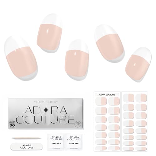 Adora Couture Semi Cured Gel Nail Strips with 30 Pieces, Salon Quality Nail Wraps for Women, White French Tip Beige UV Gel Nail Stickers, UV Light Required, Classic French