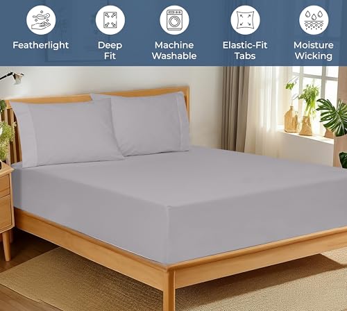 Image of Royale Linens 100% Organic Cotton Fitted Sheet - Percale Weave - Super Soft Deep Pocket Bottom Sheets - Elastic Sheet Queen Size - Queen Fitted Sheets Only - (60 inchx80 inch+15 inch, Silver)