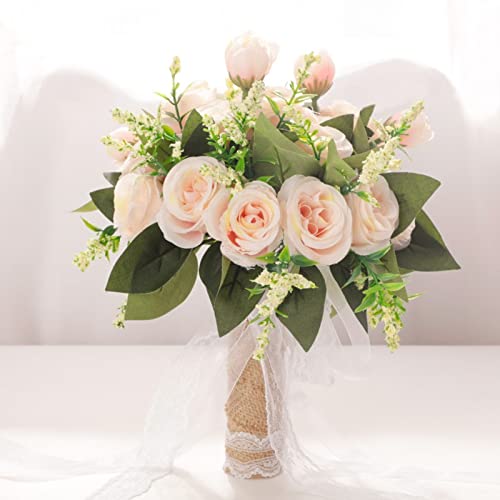 BEIJIALY Bouquet de Mariée de Demoiselle d'honneur de 11 Pouces, Bouquet de Mariée de Fleurs de Souffle de Bébé de Roses de Soie Romantiques, Bouquet de Fleurs de Mariage Faux Bouquet(Champagne)