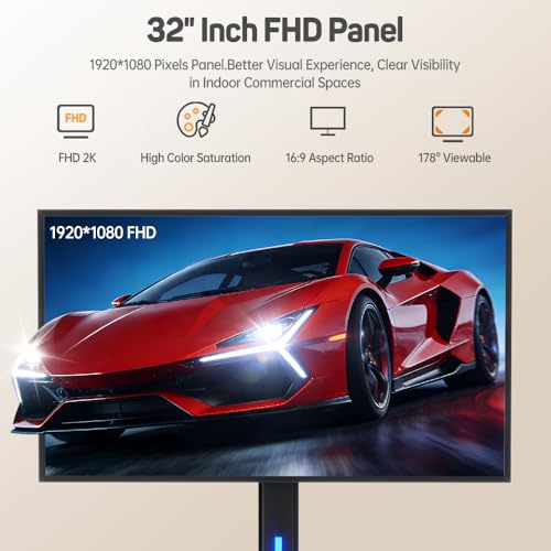 Image of 32 Inch Digital Signage Display on Wheels, Portable LCD Touch Digital Kiosk with Adjustable Rolling Stand, Phone App Control Android 14 Advertising Display Poster,HDMI /USB (Non-TouchKiosk)