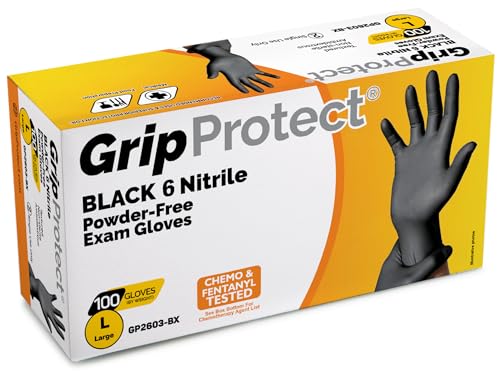 GripProtect 6 Mil Black Nitrile Exam Gloves | Heavy Duty | Textured | Food | Cleaning | Law Enforcement | Automotive | (Large, 100)