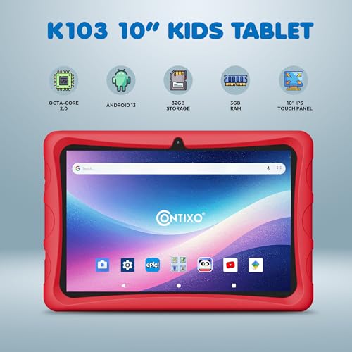 Image of Contixo 10 inch Kids Tablet - K103 Android Learning Tablet with Exclusive Games and Educational Apps, 32GB Storage, WiFi, Parental Controls & Kid-Proof Case - Red