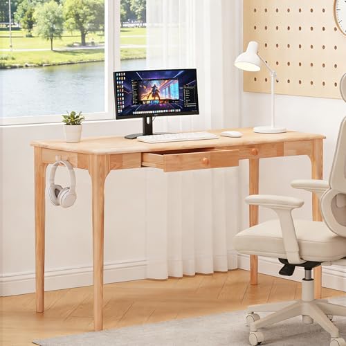 KTVVKTVV Natural Solid Wood Desk with Drawers, Mid Century Modern Real Wood Writing Desk, Home Computer Office Desks for Work, Standing Desk for Bedroom, Small Spaces (Wood Color, 40"×22"(100×56cm))