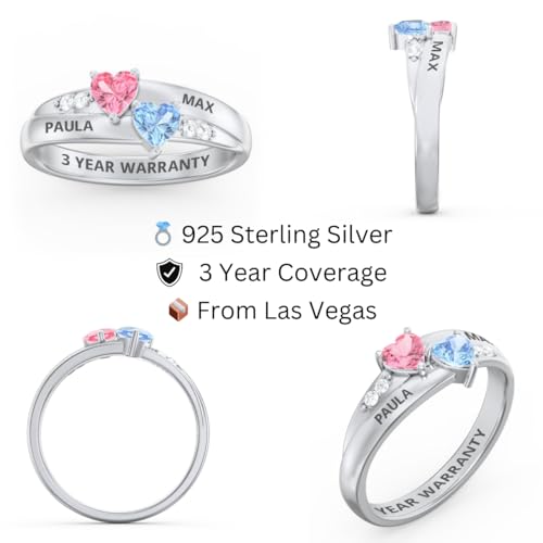 Promise Rings for Her – Custom Birthstone Ring for Women in Sterling Silver – Personalized 2 Heart Birthstones, Sizes 5-122