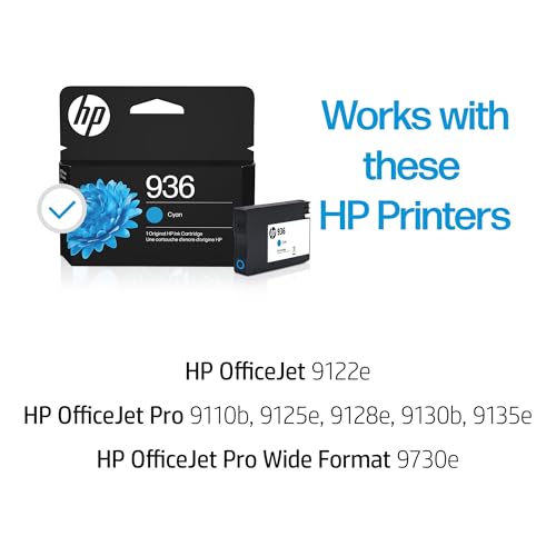 Image of HP 936 Cyan Ink Cartridge | Works with OfficeJet 9120, Pro 9110, 9120, 9130, Wide Format 9730 Series | Eligible for Instant Ink | 4S6U9LN | Packaging May Vary