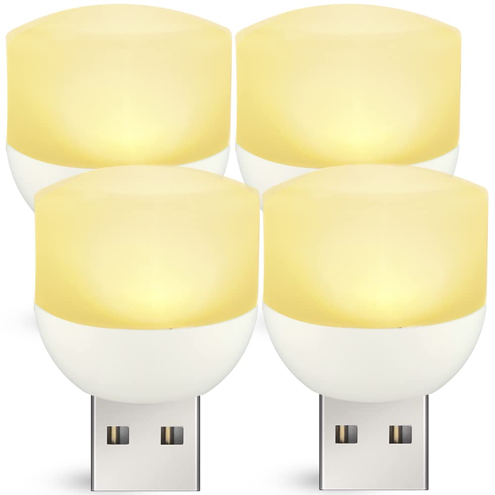 BukNikis USB Night Light, Mini Warm White LED Nightlights for Nursery, Bedroom, Kitchen, Stairs, Hallway, 4-Pack