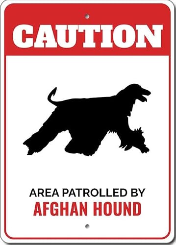 Patrolled By Afghan Hound Caution Metal Sign Dog Kennel Pet Breed Canine K9 Paw