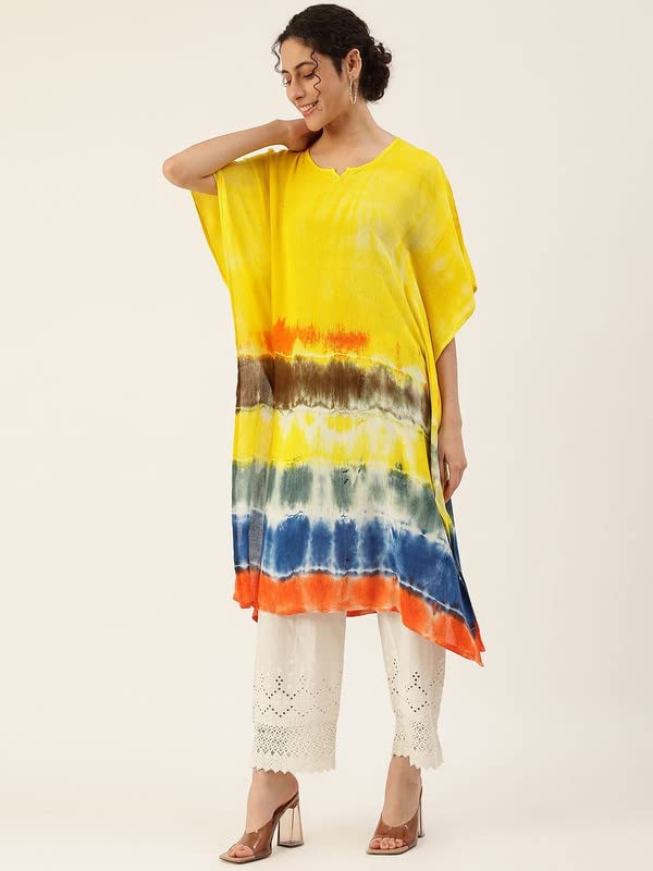 Image of Maaesa Women Handcrafted Tie & Dye Rayon Crepe Kaftan Kurta | Casual Wear | Flowy Kaftan Style | Lightweight & Breathable Fabric