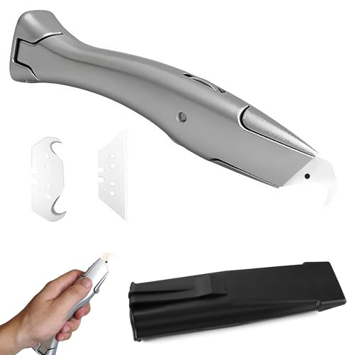 Cutter pour Couper Moquette et Tapis de Précision, Couteau Crochet avec Lames de Rechange et Protections Plastique, Alliage D'aluminium, pour Découpe de Revêtements Sol en PVC