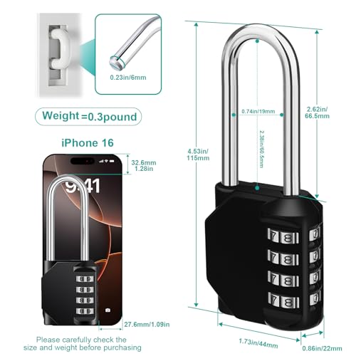 Image of Long Shackle Padlock, 4 Digit Combination Lock, Resettable Weatherproof Combo Lock for School, Gym & Employee Locker, Outdoor, Fence, Hasp and Storage | 4 Digit Combination Lock Outdoor for Fence Gate, Shed, Garage, Resettable, Long Combo Lock for Gym & School Locker