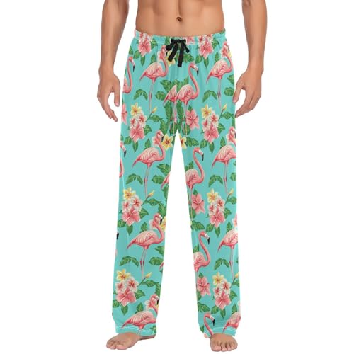 Vdsrup Men's Pajama Pants Flamnigo Summer Flowers Pajama Pants for Men PJs Bottoms Drawstring Pockets Sleep Lounge Pants S