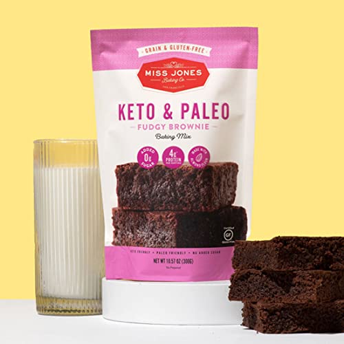 Miss Jones Baking Keto Brownie Mix - Gluten Free, Low Carb, No Sugar Added, Naturally Sweetened Desserts & Treats - Diabetic, Atkins, WW, Paleo Friendly (Pack of 1)
