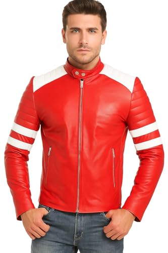 Prime-Fashion Mens Red and White Tyler Durden Biker Club Faux Leather Jacket