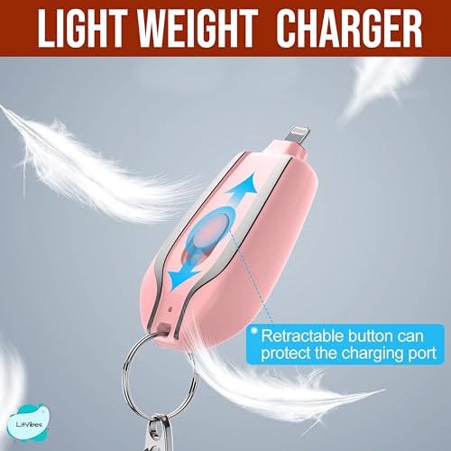 Image of Mini Keychain Emergency Charger,New Power Pod Wireless Charging Compact Portable /Travel Friendly 1500 mAh with Build in Lightning Output Pin Compatible with All iOS Devices - Pink