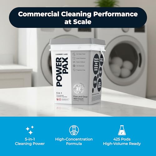 Image of PowerPax 5-in-1 Laundry Detergent Pods - 425 Count, Washer Pods with Stain Remover, Odor Control, Fabric Softener & Color Care for Commercial Laundry - Free and Clear