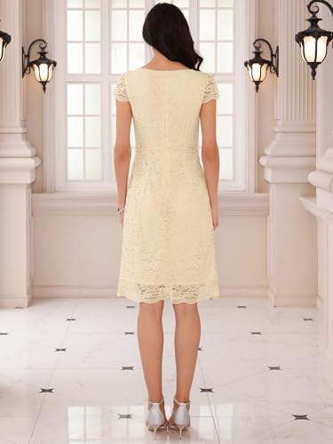 Image of Women's Floral Lace Dress Cap Sleeve Boat Neck Cocktail Midi Wedding Guest Dresses