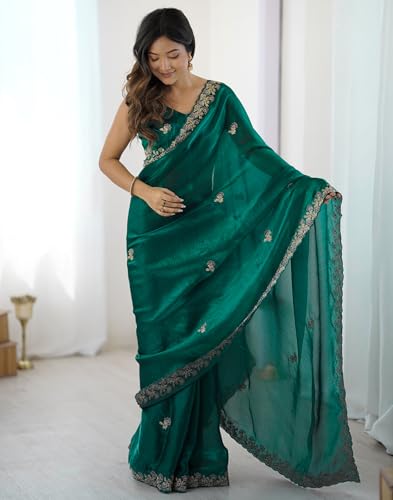 Image of SIRIL Women's Tissue Silk Sequence Embroidery Saree with Unstitched Blouse Piece