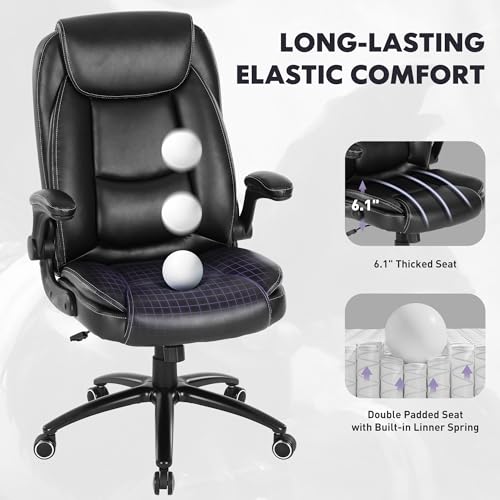 Image of 300lbs Capacity Executive Desk Chair Set of 2 with Ergonomic Lumbar Support, Flip-up Arms & High Back Leather Computer Chair for Home /Office, Black