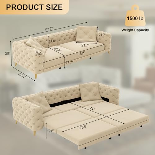 Image of KCGKCG 97.7 inch Sleeper Sofa Bed, Velvet 3-in-1 Pull Out Couch, Convertible Button Tufted Chesterfield Sofa with Movable Ottoman, 3 Seats King Size Couch Bed for Living Room /Bedroom, Apricot