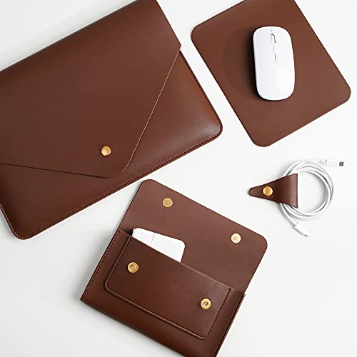 Benfan Leather Laptop Sleeve 13 Inch Compatible For 2022 13Inch Macbook Air M2,13 Macbook Pro M2, Surface Pro 3 4 5 6 7, Dell Xps 13 With Small Pouch, Mouse Pad And Cord Organizer Color Dark Brown #TOP4