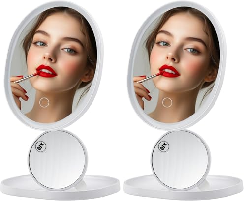 Image of OVENTE Lighted Makeup Mirror with Magnification, Rechargeable 8.5'' Vanity Table Top with Storage Tray, Dimmable Round LED, 10X Mini Magnetic Mirror, Compact for Travel, USB Powered, White MOT22W