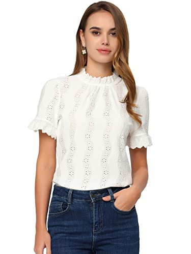 Allegra K Top con Ojales de Ganchillo para Mujer Blusa Bordada Informal con Volantes y Manga abullonada de Cuello simulado Blanco L