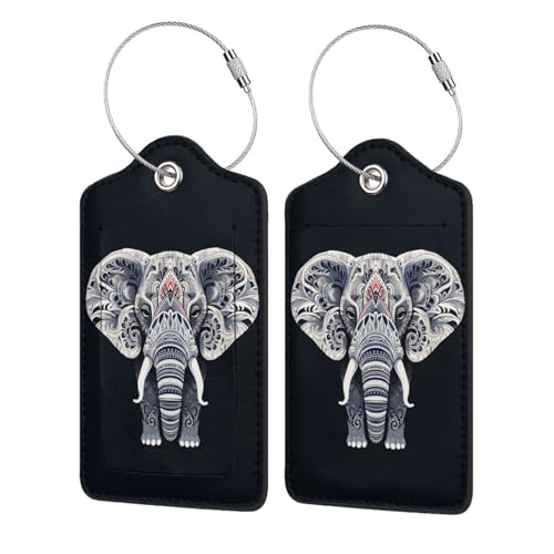Animal-Elephant 2 Pack Luggage Tag for Suitcase, Luggage Tags for Suitcases,Leather Stainless Steel Loop Label Tag for Men Women Girlstravel Bag Suitcase