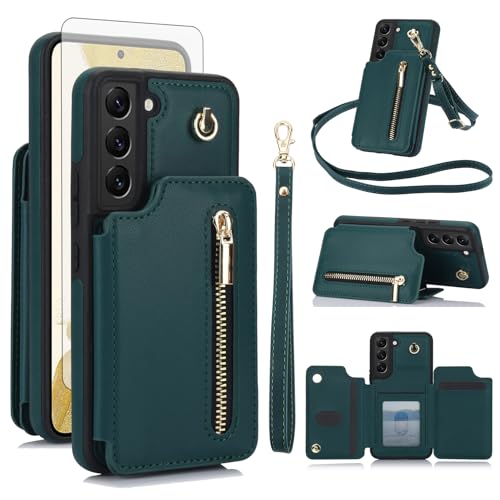 Asuwish Phone Case for Samsung Galaxy S22 5G RFID Wallet Cell Cover with Tempered Glass Screen Protector Crossbody Strap Credit Card Holder Slot Stand S 22 22S 4G G5 6.1 inch Women Men Green