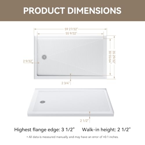Image of HOROW 60 inch x 36 inch Shower Base, Left Drain Shower Pan, Low Profile Acrylic Base with Reinforced Fiberglass, Non-Slip Surface, Stainless Steel Drain Cover, Leak-Resistant for Bathroom