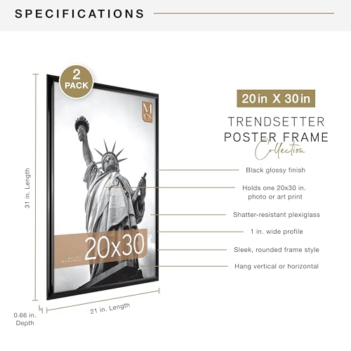 MCS Trendsetter 20x30 Poster Frame Black High-Gloss, Vertical & Horizontal Wall Hanging Large Picture Frame for Photos, Posters & Art Prints (2-Pack)
