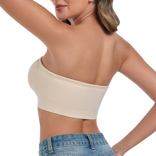 ANGOOL Wireless Strapless Bras for Women Seamless Push Up Non-Slip Full Support Non Removable Padded Bandeau Bra, Beige, L - 3