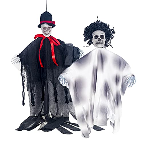 mengger 2Pcs Fantasma Colgante Halloween Decoracion Terror Calavera Colgante Esqueleto Animado Halloween Gasa Mueca Embrujada Adorno para Embrujada Fiesta Temática de Carnaval