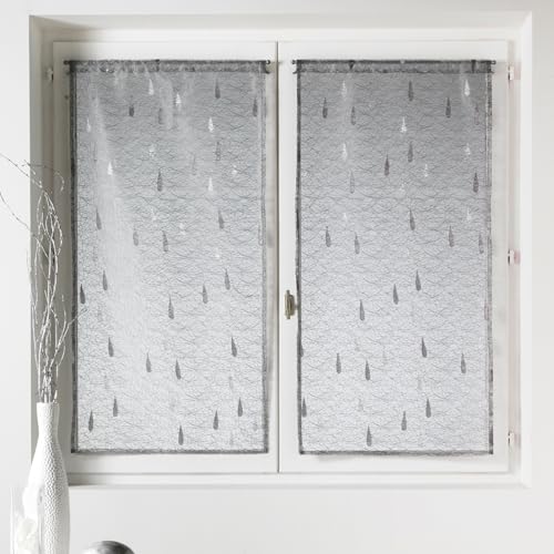 Homemaison - Paire de Petits Voilages Organza Et Jacquard à Motifs Gouttes - Polyester - Ourlet Passe Tringle - Usage Cuisine Salon - 80 x 160 cm - Gris Clair