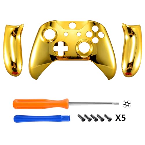 Image of eXtremeRate Chrome Gold Top Shell Front Housing Faceplate Replacement Parts with Side Rails Panel for Xbox One X & One S Controller (Model 1708)