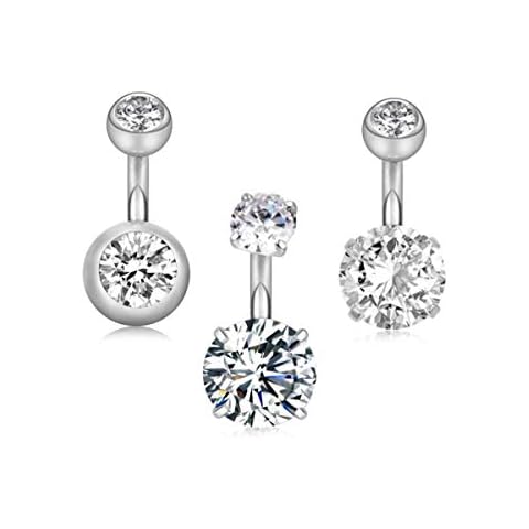 YHMM 14G 1/4"(6mm) Short Bar Surgical Steel Belly Button Rings Round Cubic Zirconia Navel Barbell Stud Body Piercing (6mm bar,3Pcs Silver) Cover