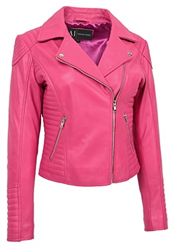 A1 FASHION GOODS Femmes Cuir Véritable Souple Vestes de Motard Aménagée Matelassé Couleurs Assorties Bella (42, Rose)