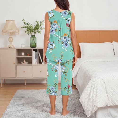 Image of Bestbee Women's Sleeveless Pajama Sets 2 Piece Sleepwear Summer Lounge Outfits Henley Tanks Capri Pants Ladies Pjs