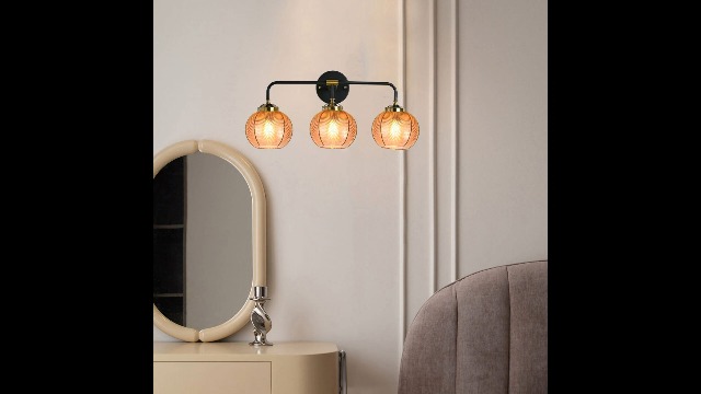 Image of 3 Light Glass Globe Wall Sconce Lights Amber Mid Century Modern Wall Light Fixtures Bathroom Vanity Lights with Ribbed Glass Shade Black Gold Wall Mount Lamp Over Mirror Bedroom