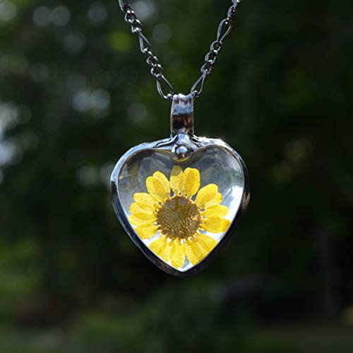 Large Sunflower Jewelry For Women, Real Dry Pressed Flowers, Terrarium Pendant, Handmade Glass Heart Necklace Gift #TOP6