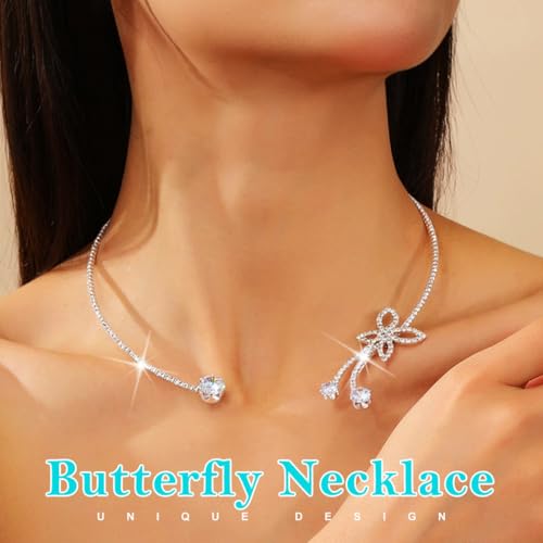 EARENT Butterfly Choker Necklace Silver Rhinestone Crystal Jewelry Necklaces For Women3