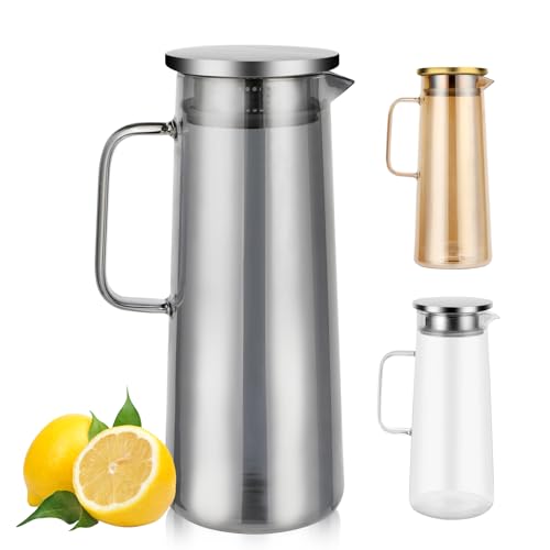 Auauraintt Jarra de Vidrio con Tapa, 1,5 L Jarras Agua Cristal,con Tapa de Acero Inoxidable, Vidrio de borosilicato Resistente al Calor, para Limonada, Agua, té y Zumos (Negro)