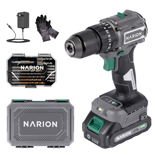 NARION（ナリオン）21V 振動ドライバドリル 充電式 最大トルク65N.m ビットセット 2Ah バッテリー付き (バッテリー1個付き) 電動ドライバー 電動ドリル 振動ドリル 振動ドライバー