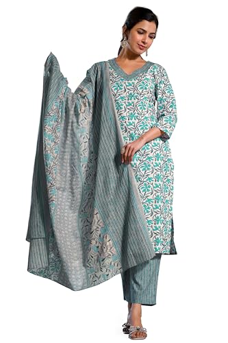 Image of MIRCHI FASHION Women's Straight Fit Pure Cotton Jaipuri Floral Printed Sequins Thread Work Kurta Set with Dupatta and Trouser