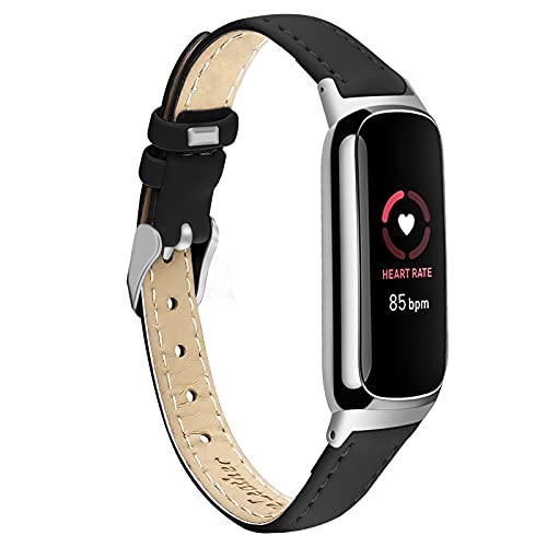 Leather Bands Compatible with Fitbit Luxe,Classic Genuine Leather Band with Metal Connector Replacement Strap Wristband Accessories Men Women 5.5â€ - 8.0â€ Wrist Compatible with Fitbit Luxe (Black)