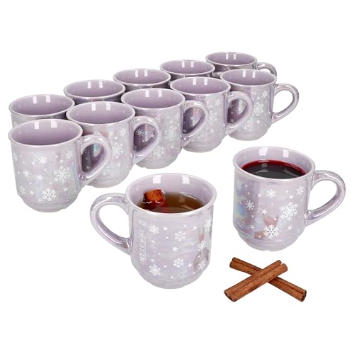 MamboCat Lot de 12 tasses à vin chaud 0,2 l Lilas brillant Paysage de Noël I Tasses classiques en céramique nacrée I calibrées I Idéal pour le marché de Noël