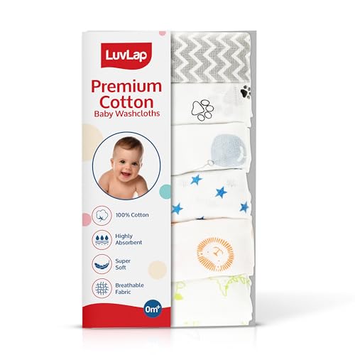 Image of LuvLap Muslin Cotton Cloth Premium Baby Washcloth for New Born, Washable (22 cm x 22 cm) Reusable, Absorbent, Extra Soft Face Towels /Washcloth for Babies, Stars, Balloons Print, Pack of 6, Multicolour