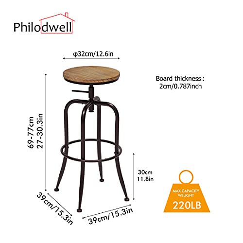 Philodwell Set of 2 Barstools for Kitchen Counter,Round Wood Industrial Metal Stool,Kitchen Stools with Footrest,Swivel Pub Height Chairs with Metal Frame,Brown - Image 4