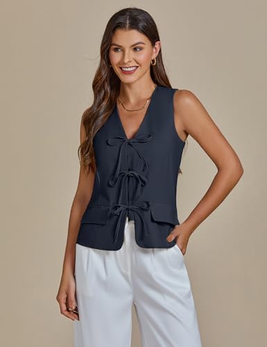 luvamia Linen Vest for Women Trendy Sleeveless Tie Front Tops Summer Casual Top Waistcoat Suit Vests with Pockets3