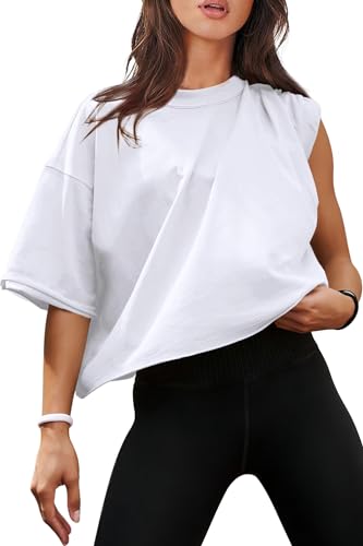 XIEERDUO Cotton Tshirts for Women Drop Shoulder Round Neck Oversized Crop Tops Workout Tops Tees4