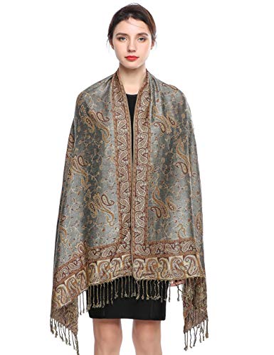 EASE LEAP Elegante Bufanda Estampada para Mujer Lujoso Chal Cálido con Borla Suave Pashmina Estilo Paisley Étnico Uso en Otoño Invierno 200 * 70cm/(4-Gris dorado)